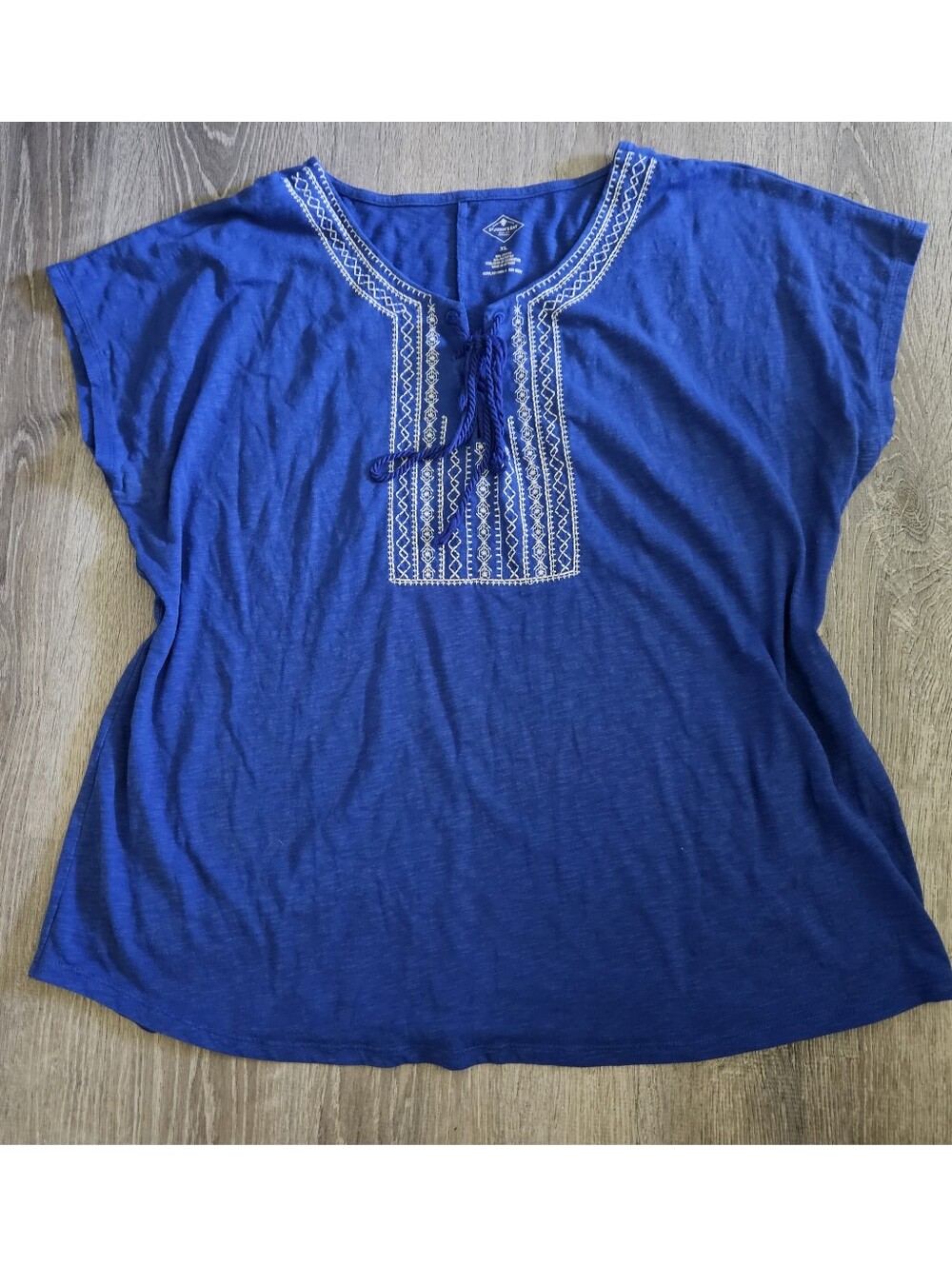 St. John’s Bay XL Royal Blue Boho Embroidered Lace Up Tassel Top